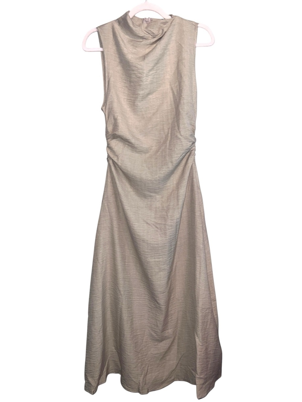 Beige Small Maxi Dress Sleeveless Ruched Mock Neck Minimalist silhouette